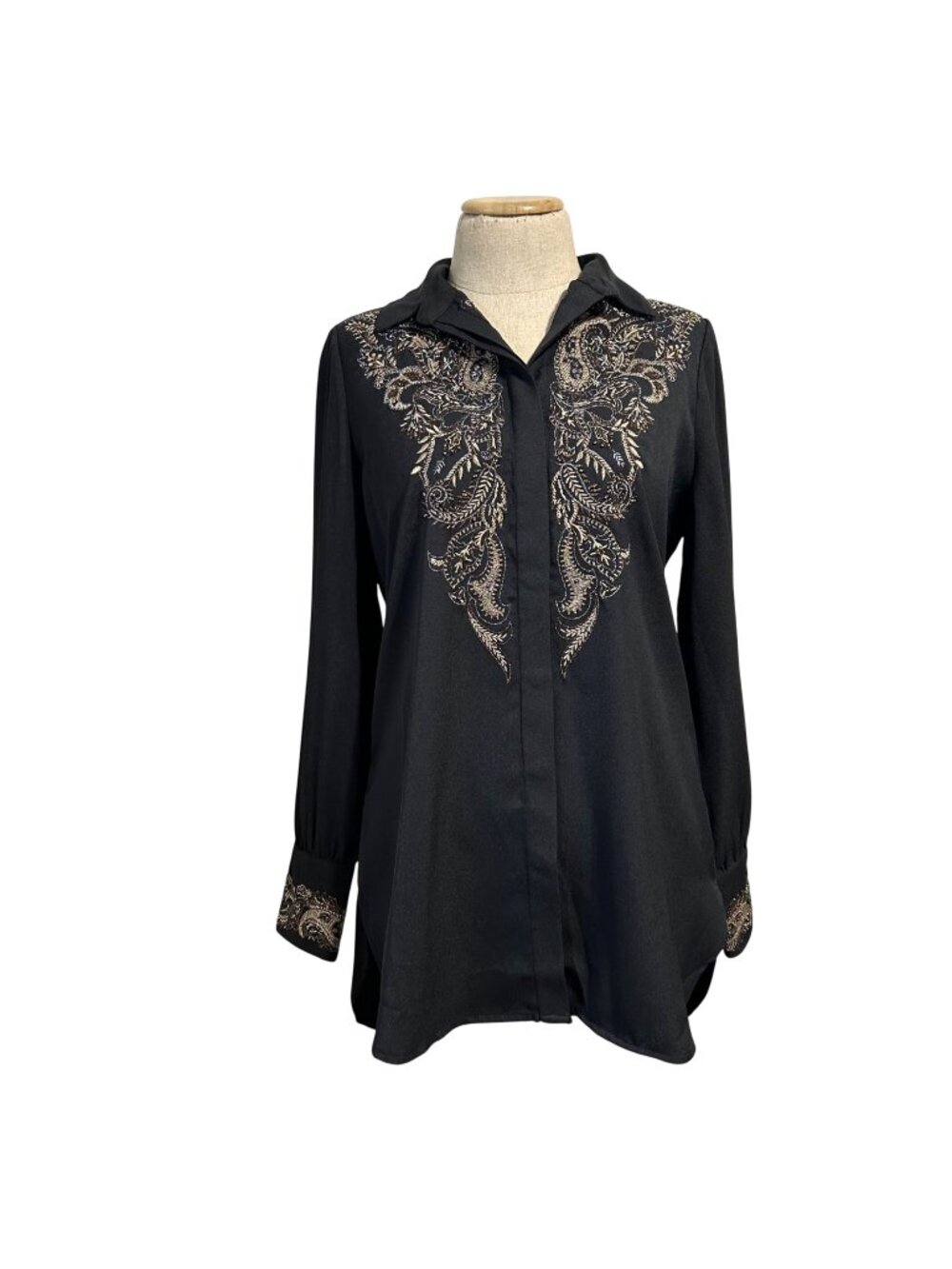 Chicos Women's Sz 6 Paisley Embroidered Tunic Blouse Long Sleeve Button Front